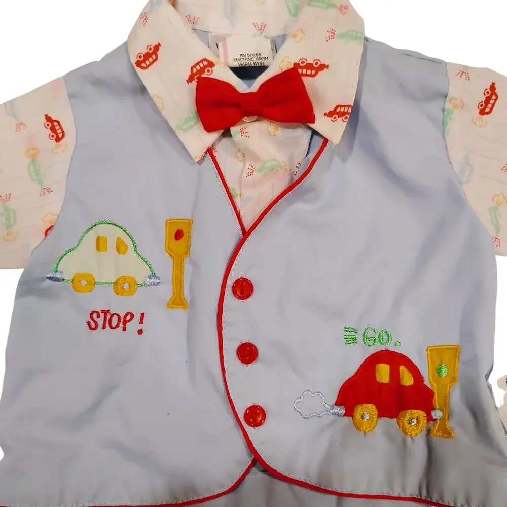 Vintage Baby Infant 0-6 Months Button Up Shirts Lot Embroidered Trains Cars Tie